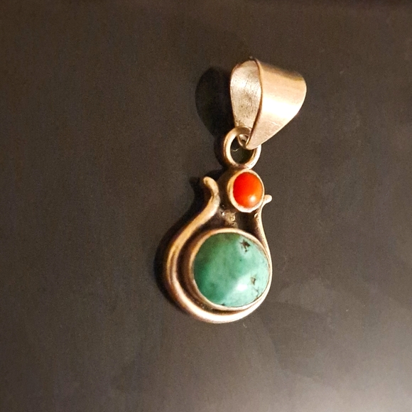 925 Signed Natural Coral and Turquoise Native American Pendant - Picture 5 of 6